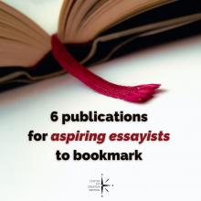 closeup of an open book with a red ribbon bookmark under headline 6 publications for aspiring essayists to bookmark
