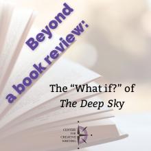 beyond a book review_the what if of the deep sky, purple text over lightened image of an open book