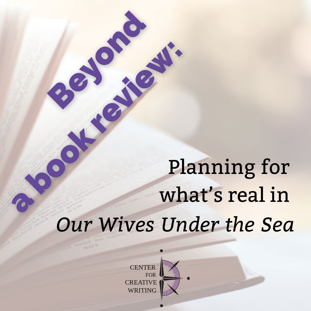 beyond a book review_planning for what's real in our wives under the sea, purple text over lightened image of an open book