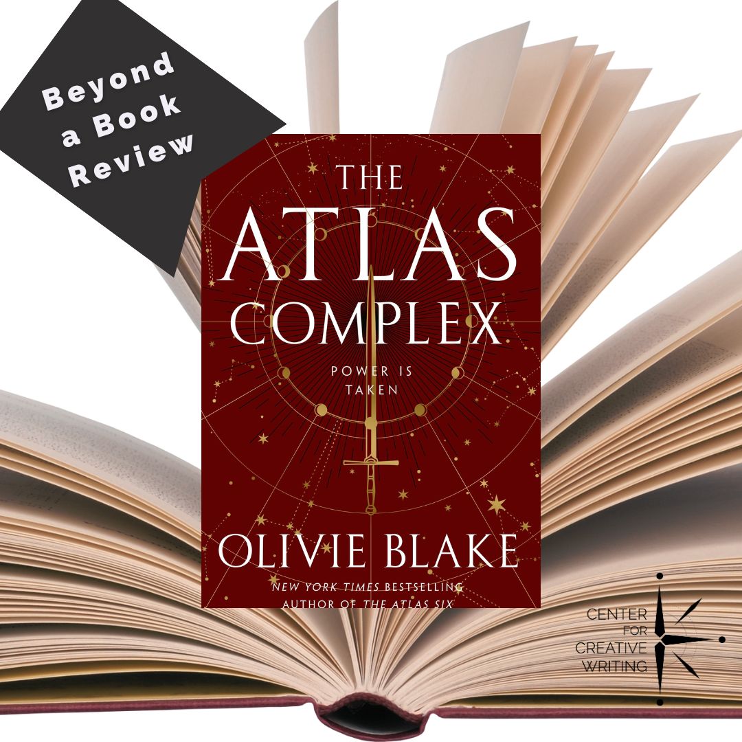 The Atlas Complex book cover over a photo of an open book with a bookmark icon that reads beyond a book review, via Canva