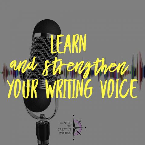 Learn and strengthen your writing voice (text over image of microphone with multicolored sound waves in the background)