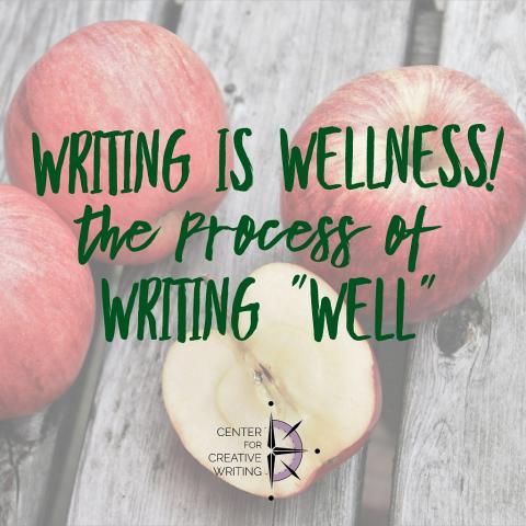 Writing is wellness! The process of writing "well" (text over lightened image of apples)