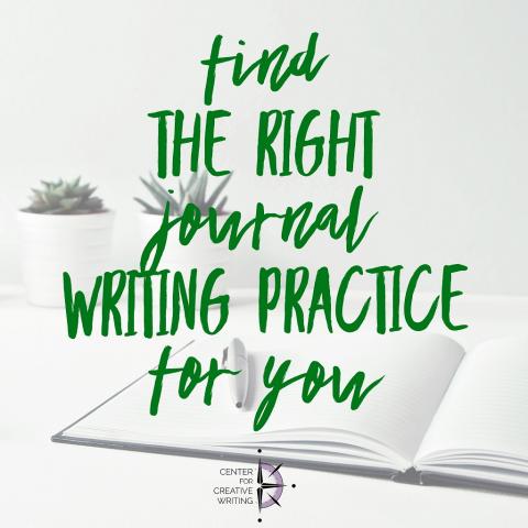 Find the right journal writing practice for your_text over lightened image of open journal with pen and potted succulents in the background