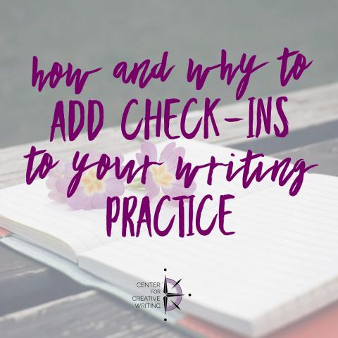 How and why to add check ins to your writing practice_text over lightened image of an open notebook with two purple flowers on it