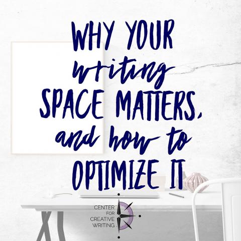 why your writing space matters and how to optimize it_blue text over lightened image of a white desk with computer pen and ephemera and a white wall hanging