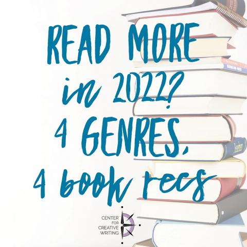 Read more in 2022? 4 genres, 4 books recs, blue text over lightened image of a stack of books