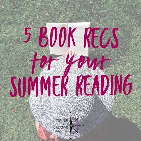 5 book recs for your summer reading magenta text over lightened image of a person reading while wearing a large sun hat that obscures their entire body while sitting on grass