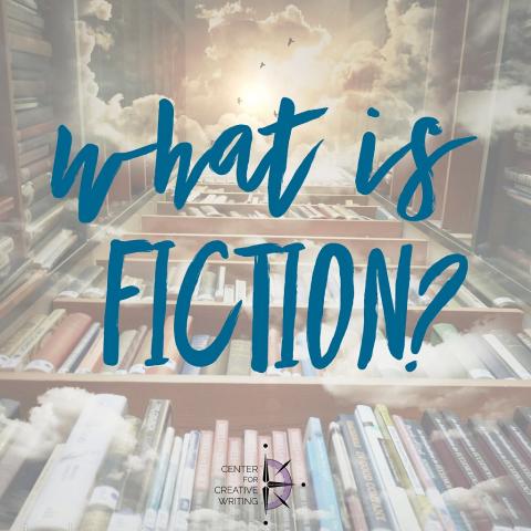 what is fiction blue text over lightened image of ground view of tall and full bookshelves reaching up into clouds with sun and birds at the top