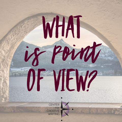 What is POV? magenta text over lightened image of a stone arch window looking out over a body of water with a snowcapped mountain in the distance