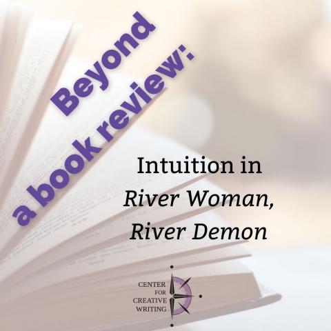 beyond a book review_intuition in river woman river demon, purple text over lightened image of an open book