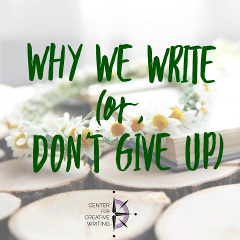 why we write or don't give up title in green text over image of a daisy chain crown on top of a book sitting on a surface of upturned cut logs via word swag