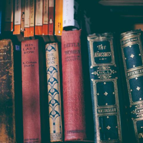 closeup of old books on a shelf via Canva