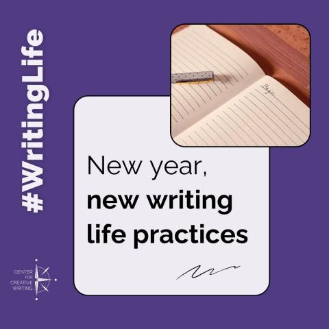 new year new writing life practice text in white box on purple background below ups right square photo of an open journal with the handwritten word begin and a pen