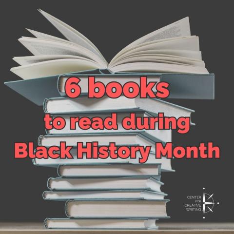 6 books to read during Black History Month heading in red over a photo of a stack of books with the top book open on a black background