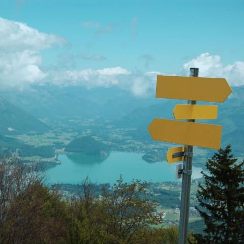 four-way yellow wooden directional signs on summit of a mountain path overlooking trees and body of water via Canva