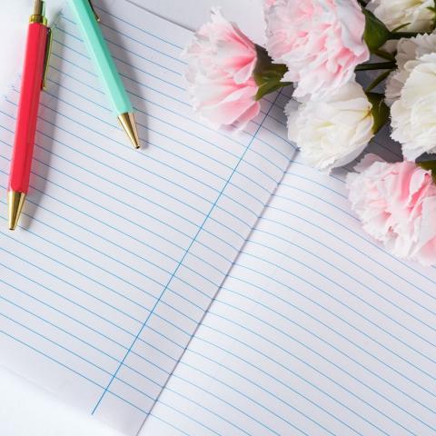 an open lined notebook on top of which are a red pen, an aqua pen, and a small bunch of pink and white carnations, via Canva