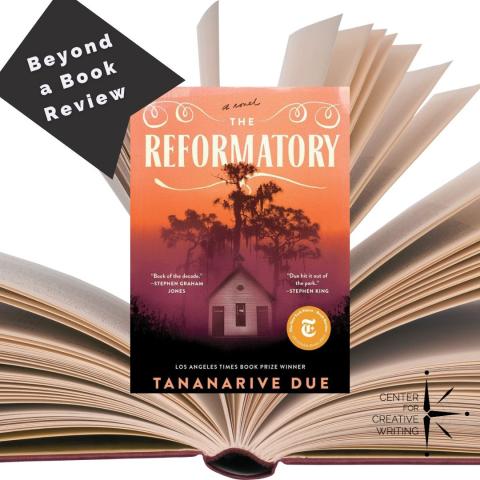 cover of The Reformatory over photo of an open book with a black bookmark icon that reads beyond a book review via canva