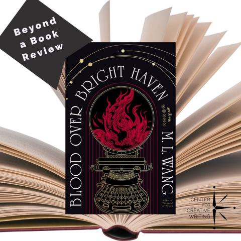 beyond a book review bookmark badge and cover of Blood over Bright Haven over photo of an open book via Canva