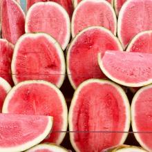 July '21 photo writing prompt, image of dozens of halved watermelons with bright red fruit