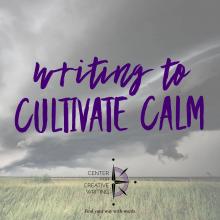 Writing to cultivate calm_purple text over lightened image of intense storm clouds over a field of tall green grass