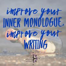 improve your inner monologue improve your writing blue text over image of a message in a bottle on a beach shore via Unsplash