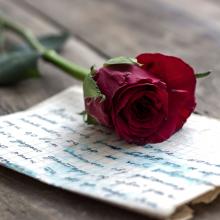 February 2023 photo writing prompt_a red rose resting on a handwritten letter via Canva