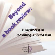 beyond a book review_timelines in becoming appalasian, purple text over lightened image of an open book