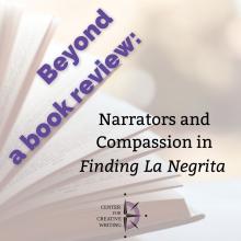 beyond a book review_narrators and compassion in finding la negrita, purple text over lightened image of an open book
