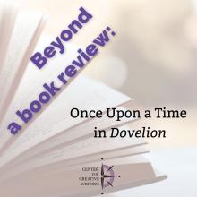 beyond a book review_once upon a time in dovelion, purple text over lightened image of an open book