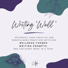 cover of writing well writing prompts doc with teal and purple freeform shapes and purple sketches of a lotus flower and an olive branch via Canva