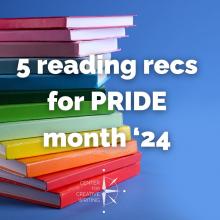 a stack of rainbow colored books on a blue background with heading 5 reading recs for pride month 24 in white text