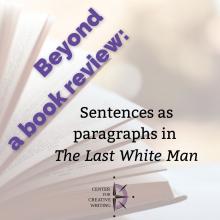 beyond a book review_sentences as paragraph in the last white man, purple text over lightened image of an open book