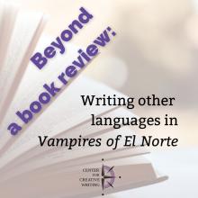 beyond a book review_writing other languages in vampires of el norte, purple text over lightened image of an open book