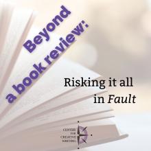 beyond a book review_risking it all in fault, purple text over lightened image of an open book