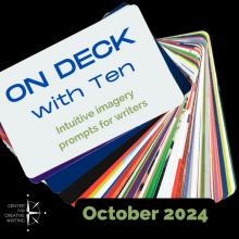 on deck with Ten intuitive imagery prompts for writers_text over a deck of colorful cards fanned out