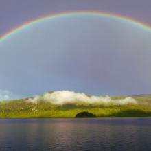 photo of calm water and grassy field under a blue sky of dissipating clouds and a rainbow via Canva