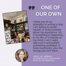 graphic with two photos of Rimbach plus a quote from her post under the header One of Our Own, via Canva